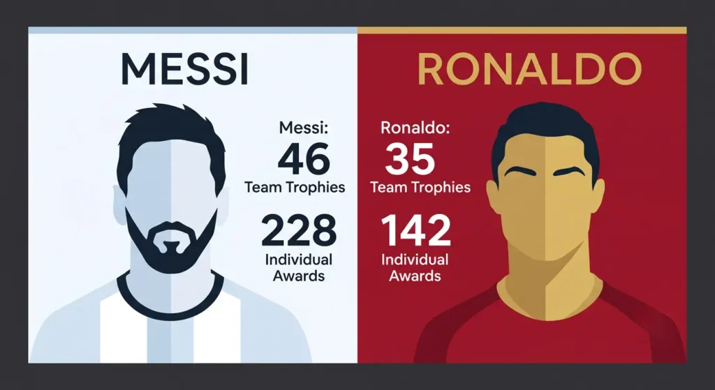 Messi vs Ronaldo stats infographic comparing career trophies and individual awards