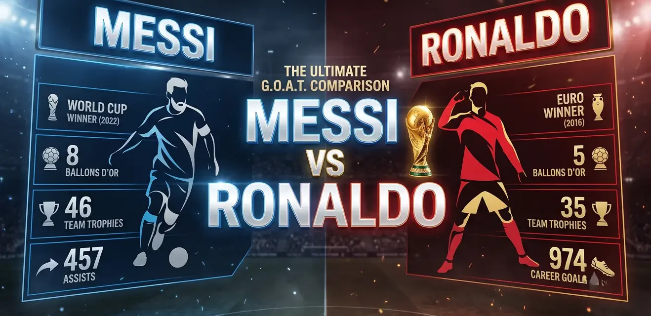 A futuristic, split-screen infographic with a glowing blue and red interface compares soccer legends Lionel Messi and Cristiano Ronaldo. At the top center, it reads, 'THE ULTIMATE G.O.A.T. COMPARISON'. The left side, in blue, displays 'MESSI' with a soccer ball icon and a silhouette of Messi. Below, it lists his accolades: 'WORLD CUP WINNER (2022)', '8 BALLONS D'OR', '46 TEAM TROPHIES', and '457 ASSISTS', each with corresponding icons. The right side, in red, displays 'RONALDO' with a soccer ball icon and a silhouette of Ronaldo celebrating. Below, it lists his accolades: 'EURO WINNER (2016)', '5 BALLONS D'OR', '35 TEAM TROPHIES', and '974 CAREER GOALS', each with corresponding icons. In the exact center, a large, glowing text says 'MESSI VS RONALDO' with a golden FIFA World Cup trophy positioned between the two names. The background is a blurry night soccer stadium.