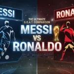 A futuristic, split-screen infographic with a glowing blue and red interface compares soccer legends Lionel Messi and Cristiano Ronaldo. At the top center, it reads, 'THE ULTIMATE G.O.A.T. COMPARISON'. The left side, in blue, displays 'MESSI' with a soccer ball icon and a silhouette of Messi. Below, it lists his accolades: 'WORLD CUP WINNER (2022)', '8 BALLONS D'OR', '46 TEAM TROPHIES', and '457 ASSISTS', each with corresponding icons. The right side, in red, displays 'RONALDO' with a soccer ball icon and a silhouette of Ronaldo celebrating. Below, it lists his accolades: 'EURO WINNER (2016)', '5 BALLONS D'OR', '35 TEAM TROPHIES', and '974 CAREER GOALS', each with corresponding icons. In the exact center, a large, glowing text says 'MESSI VS RONALDO' with a golden FIFA World Cup trophy positioned between the two names. The background is a blurry night soccer stadium.
