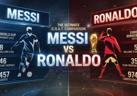 A futuristic, split-screen infographic with a glowing blue and red interface compares soccer legends Lionel Messi and Cristiano Ronaldo. At the top center, it reads, 'THE ULTIMATE G.O.A.T. COMPARISON'. The left side, in blue, displays 'MESSI' with a soccer ball icon and a silhouette of Messi. Below, it lists his accolades: 'WORLD CUP WINNER (2022)', '8 BALLONS D'OR', '46 TEAM TROPHIES', and '457 ASSISTS', each with corresponding icons. The right side, in red, displays 'RONALDO' with a soccer ball icon and a silhouette of Ronaldo celebrating. Below, it lists his accolades: 'EURO WINNER (2016)', '5 BALLONS D'OR', '35 TEAM TROPHIES', and '974 CAREER GOALS', each with corresponding icons. In the exact center, a large, glowing text says 'MESSI VS RONALDO' with a golden FIFA World Cup trophy positioned between the two names. The background is a blurry night soccer stadium.