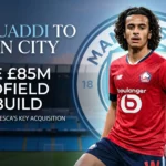 Ayyoub Bouaddi in a Lille kit superimposed over the Manchester City crest at the Etihad Stadium, detailing his £85m transfer to Man City under Enzo Maresca.