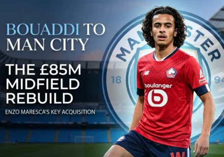 Ayyoub Bouaddi in a Lille kit superimposed over the Manchester City crest at the Etihad Stadium, detailing his £85m transfer to Man City under Enzo Maresca.