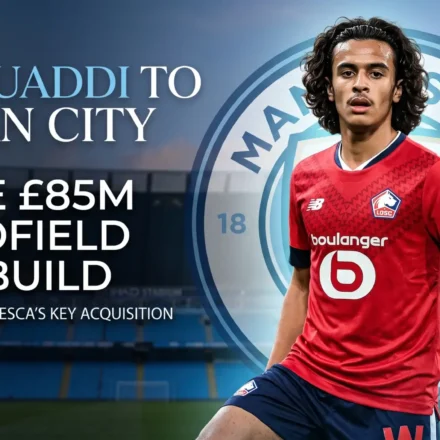 Ayyoub Bouaddi in a Lille kit superimposed over the Manchester City crest at the Etihad Stadium, detailing his £85m transfer to Man City under Enzo Maresca.