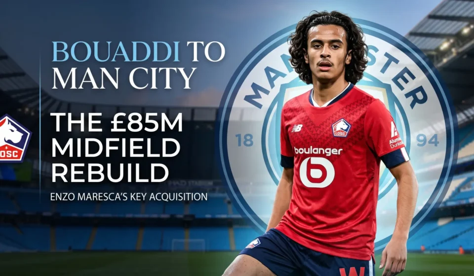 Ayyoub Bouaddi in a Lille kit superimposed over the Manchester City crest at the Etihad Stadium, detailing his £85m transfer to Man City under Enzo Maresca.